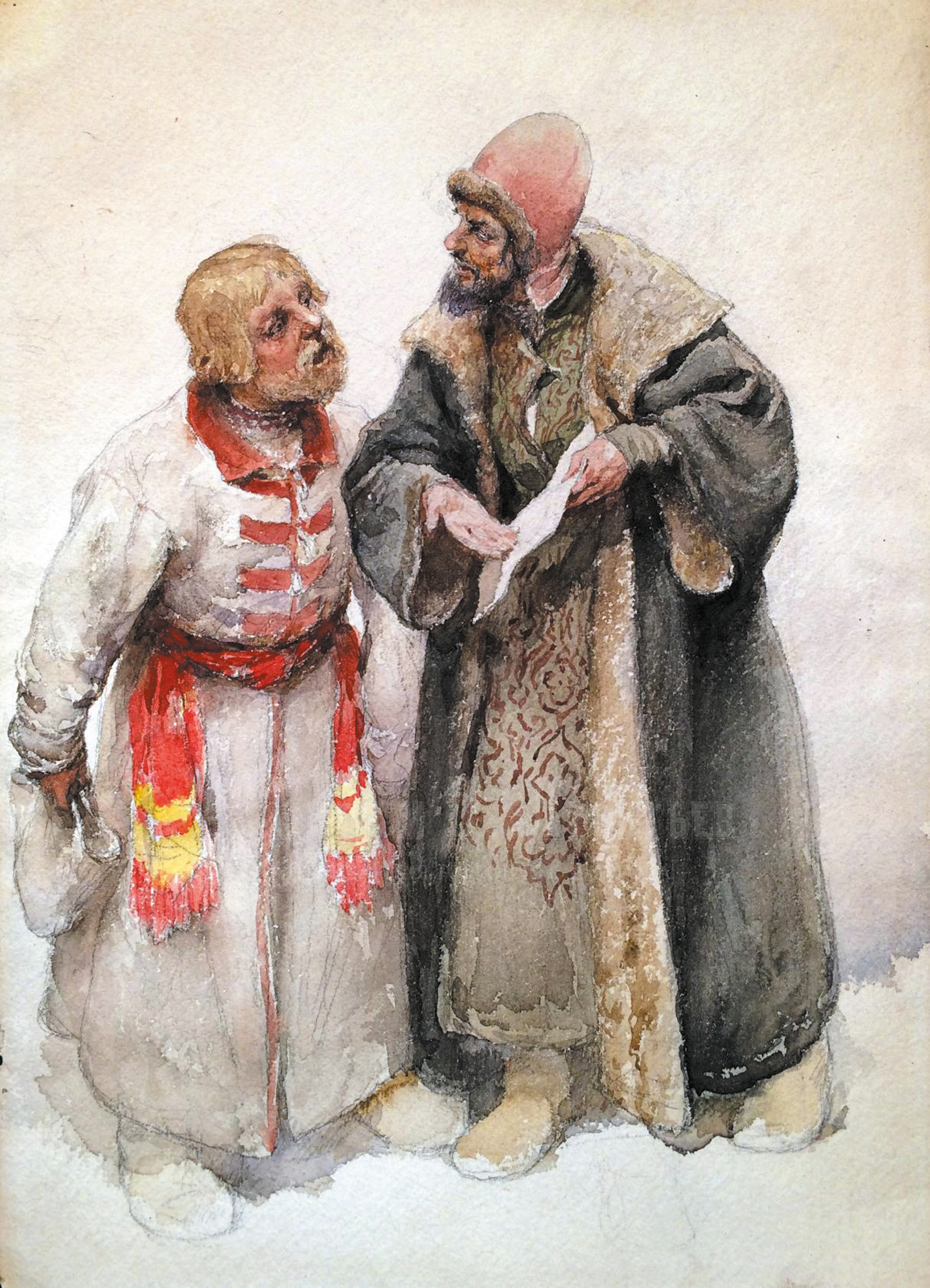 Рисунок К. В. Лебедева «Дьяк и подъячий». 1890-1900-е годы. Вот так при- мерно мог выглядеть мценский подьячий Суета Васильев (на картине он пресмыкается перед начальником – дьяком).