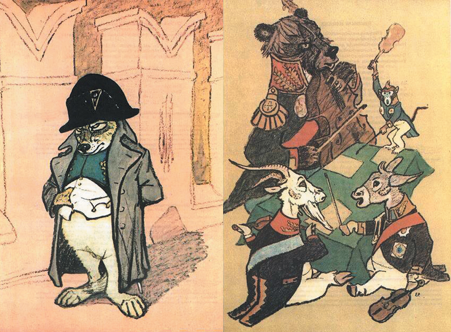 Слева направо: Иллюстрации к басням &laquo;Волк на псарне&raquo; и &laquo;Квартет&raquo;. Источник https://avatars.dzeninfra.ru/.