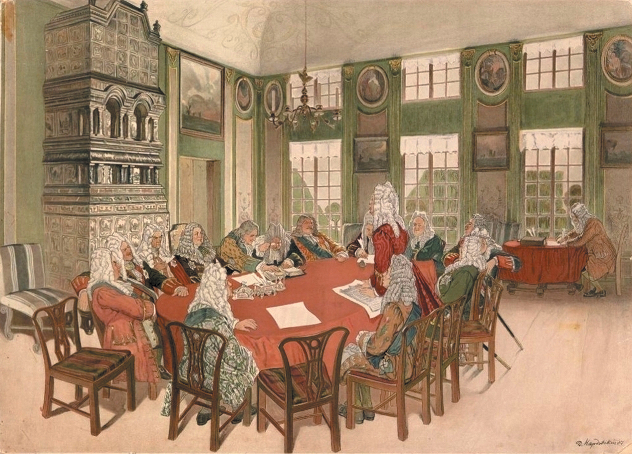 Заседание Сената при Петре I в Екатерингофском дворце. Источник https://upload.wikimedia.org/.