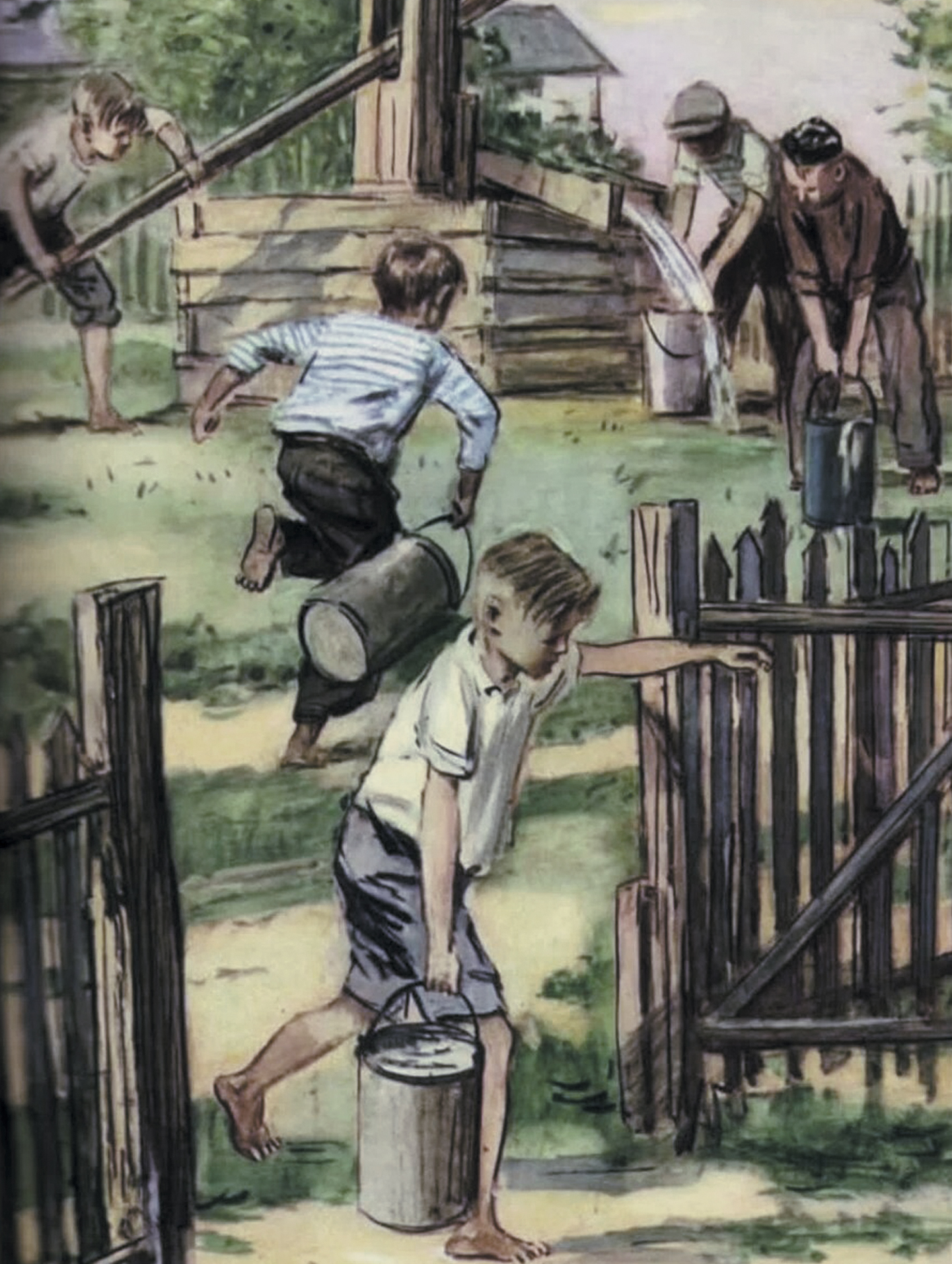Тимуровцы помогают наполнить водой бочку старой молочницы, у которой сын красноармеец. Иллюстрация к повести А. П. Гайдара &laquo;Тимур и его команда&raquo;. Источник https://avatars.dzeninfra.ru/.