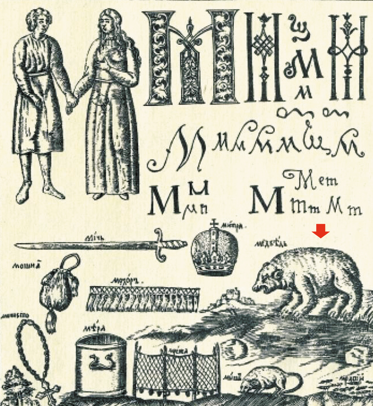 Медведь в букваре Кариона Истомина, 1694 год.