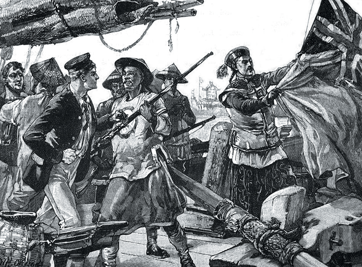 Английский пропагандистский рисунок, изображающий &laquo;незаконное вторжение&raquo; китайских таможенников на судно &laquo;Эрроу&raquo;. Видно как один из китайцев срывает британский флаг, хотя, по утверждению китайцев, шхуна контрабандистов шла без флага. Источник https://ic.pics.livejournal. com/.