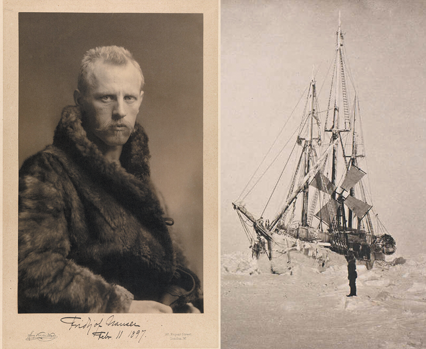 Слева направо: Фритьоф Нансен. «Фрам» в марте 1894 года. Хорошо виден ветряк электрогенератора. Источник https://avatars.dzeninfra.ru/.