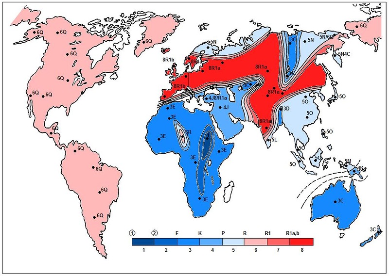 Расположение различных гаплогрупп в мире