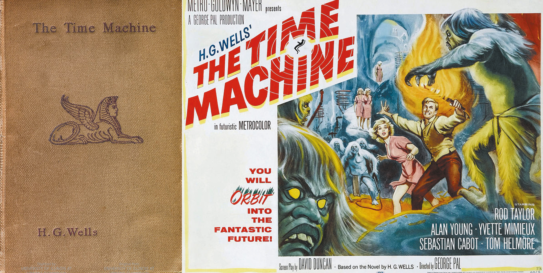 Обложка первого издания романа Герберта Уэллса «Машина времени» (англ. The Time Machine) и постер к филь- му 1960 года. Источник https://ru.wikipedia.org/.