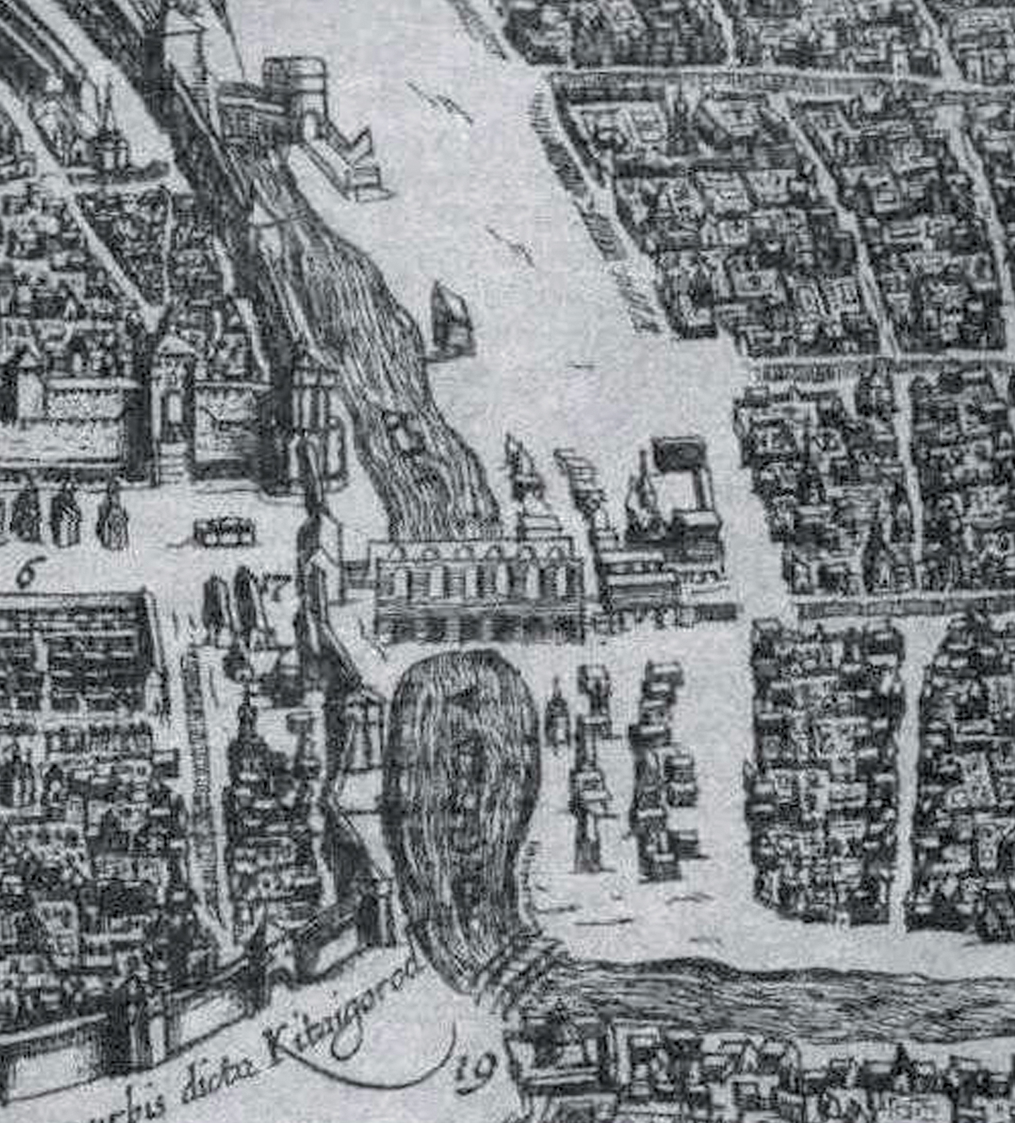 Фрагмент плана Москвы 1610 года. В центре, справа от Воскресенского моста через реку Неглинную, расположен Моисеевский монастырь. Источник https://commons.wikimedia.org/.