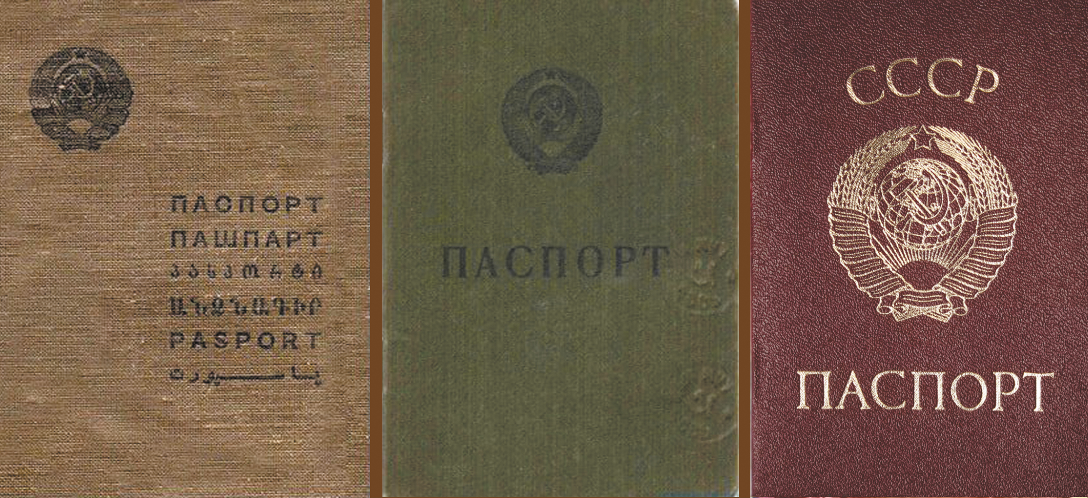 Образцы советских паспортов 1932, 1954 и 1974 годов. Источник https://avatars.dzeninfra.ru/.