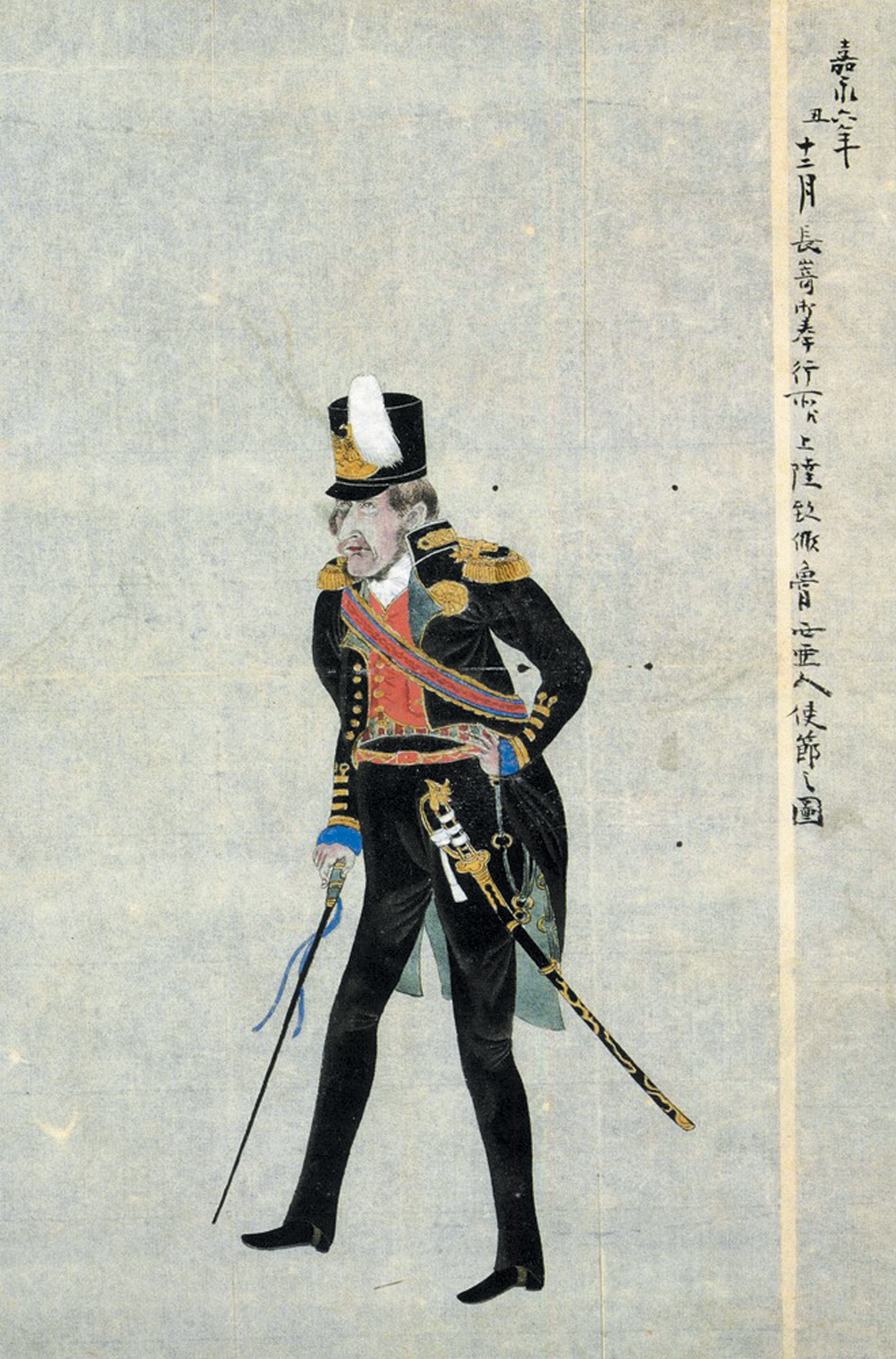 Таким видели адмирала японцы. «Е. В. Путятин в Нагасаки». Рисунок японского художника, 1853 год. Источник https://upload.wikimedia.org/.